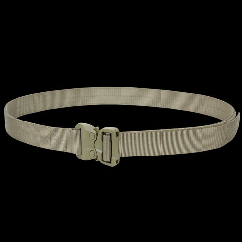 The Condor GT Cobra Belt, a tan nylon tactical belt with a plastic quick-release buckle, is perfect for bushcraft adventures or the shooting range. Shown here on a white background.