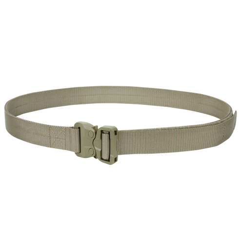 The Condor GT Cobra Belt, a tan nylon tactical belt with a plastic quick-release buckle, is perfect for bushcraft adventures or the shooting range. Shown here on a white background.