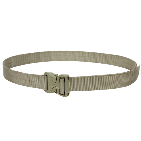 The Condor GT Cobra Belt, a tan nylon tactical belt with a plastic quick-release buckle, is perfect for bushcraft adventures or the shooting range. Shown here on a white background.