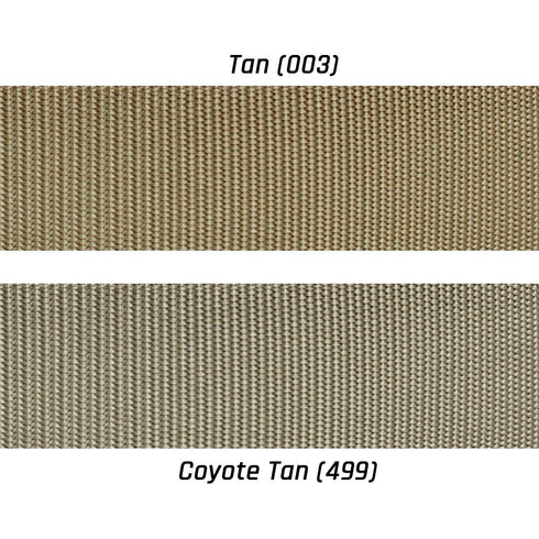 Two GT Cobra Belt fabric swatches by Condor—Tan (003) and Coyote Tan (499)—highlight the color difference, with Coyote Tan, popular for EDC and law enforcement use, showing as a darker shade than Tan.