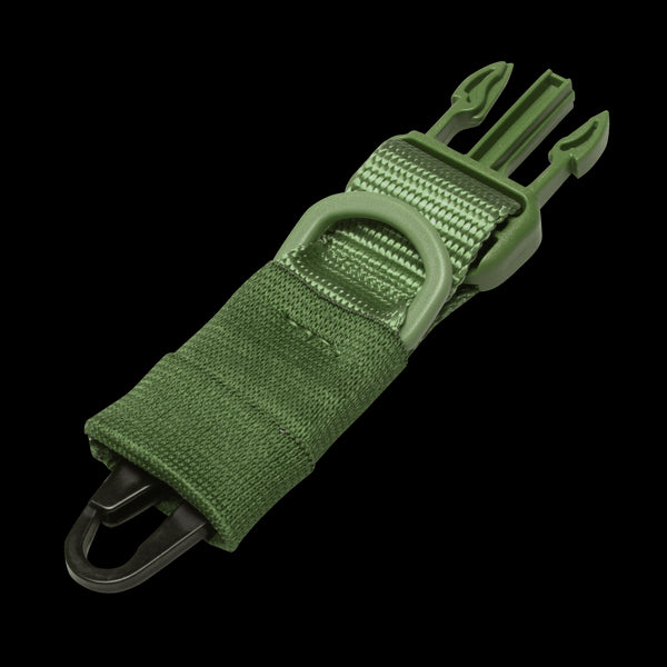 The Condor HK Hook Upgrade Kit features a green nylon strap with a plastic buckle, metal D-ring, and plastic clip—ideal for enhancing outdoor gear or bags.