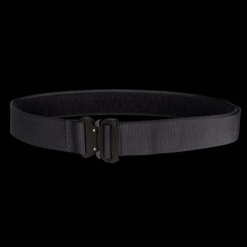 The Condor Cobra Tactical Belt in black nylon features a metal buckle, making it ideal for EDC or law enforcement use, shown on a plain background.