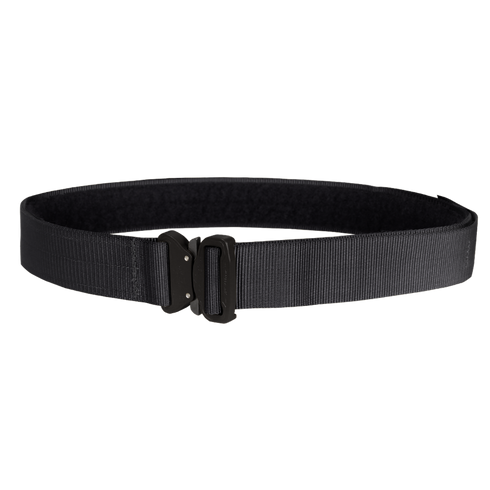 The Condor Cobra Tactical Belt in black nylon features a metal buckle, making it ideal for EDC or law enforcement use, shown on a plain background.
