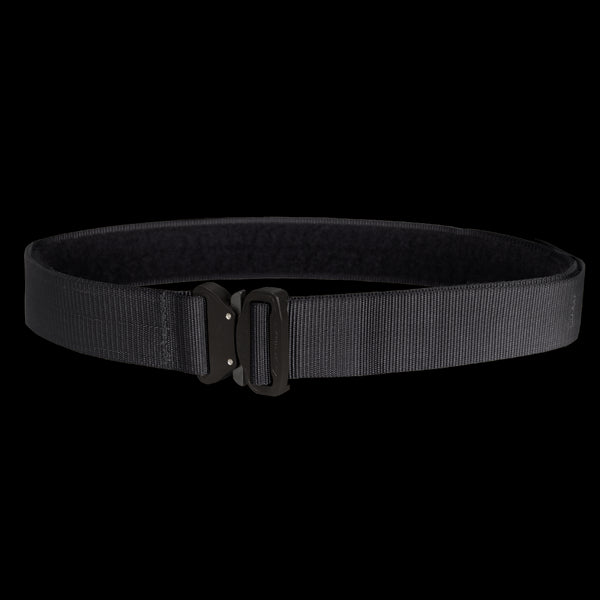 The Condor Cobra Tactical Belt in black nylon features a metal buckle, making it ideal for EDC or law enforcement use, shown on a plain background.