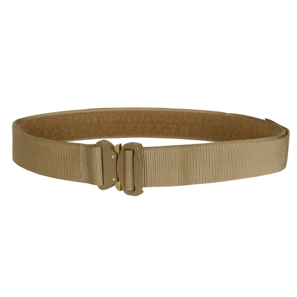 The Condor Cobra Tactical Belt, featuring a sturdy metal buckle and tan finish, is displayed against a plain white backgroundāperfect for military use or everyday carry.