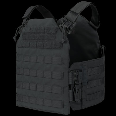 The Condor Cyclone RS Plate Carrier is a black tactical vest with MOLLE webbing and adjustable straps, perfect for law enforcement or range use. Shown on a white background.