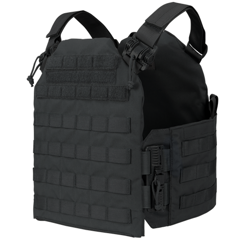 The Condor Cyclone RS Plate Carrier is a black tactical vest with MOLLE webbing and adjustable straps, perfect for law enforcement or range use. Shown on a white background.