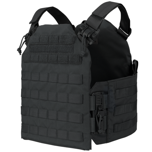 The Condor Cyclone RS Plate Carrier is a black tactical vest with MOLLE webbing and adjustable straps, perfect for law enforcement or range use. Shown on a white background.