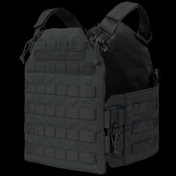 The Condor Cyclone RS Plate Carrier is a black tactical vest with MOLLE webbing and adjustable straps, perfect for law enforcement or range use. Shown on a white background.