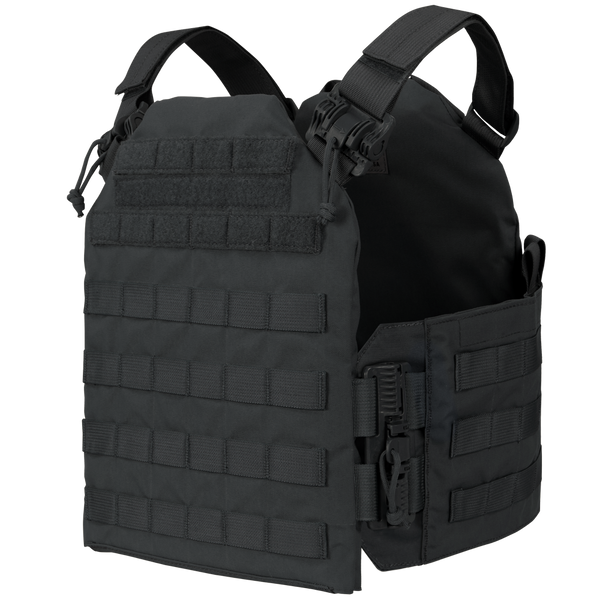 The Condor Cyclone RS Plate Carrier is a black tactical vest with MOLLE webbing and adjustable straps, perfect for law enforcement or range use. Shown on a white background.