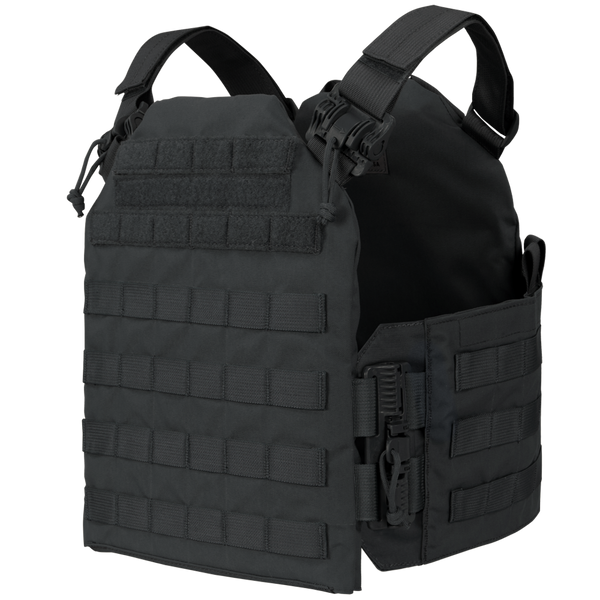 The Condor Cyclone RS Plate Carrier is a black tactical vest with MOLLE webbing and adjustable straps, perfect for law enforcement or range use. Shown on a white background.