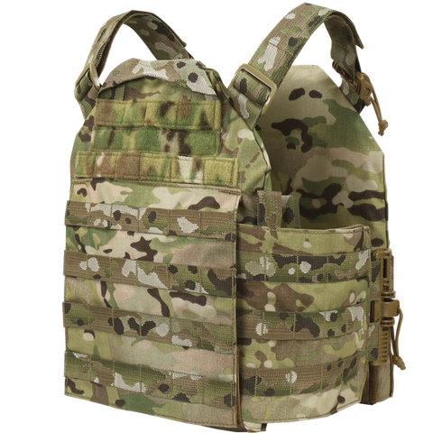 The Condor Cyclone RS Plate Carrier in MultiCam features adjustable shoulder straps, side buckles, and multiple rows of webbing for attaching gear.