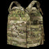 The Condor Cyclone RS Plate Carrier in MultiCam features adjustable shoulder straps, side buckles, and multiple rows of webbing for attaching gear.