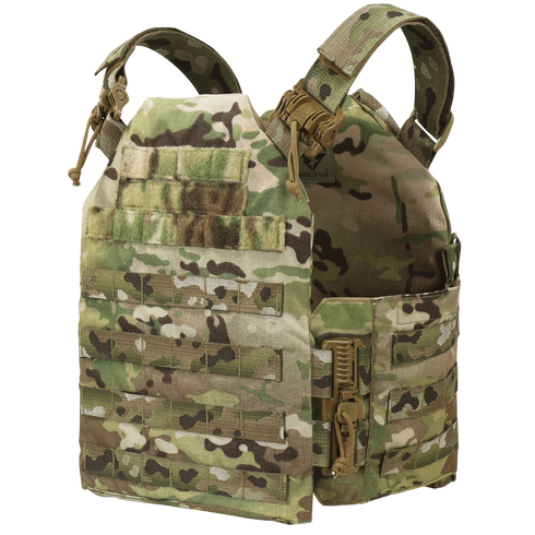 The Condor Cyclone RS Plate Carrier in MultiCam features a camouflage pattern, MOLLE webbing, and quick-release buckles on the shoulders and sides.