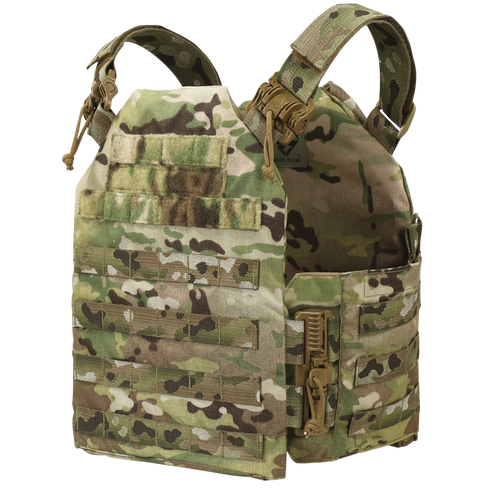 The Condor Cyclone RS Plate Carrier in MultiCam features a camouflage pattern, MOLLE webbing, and quick-release buckles on the shoulders and sides.