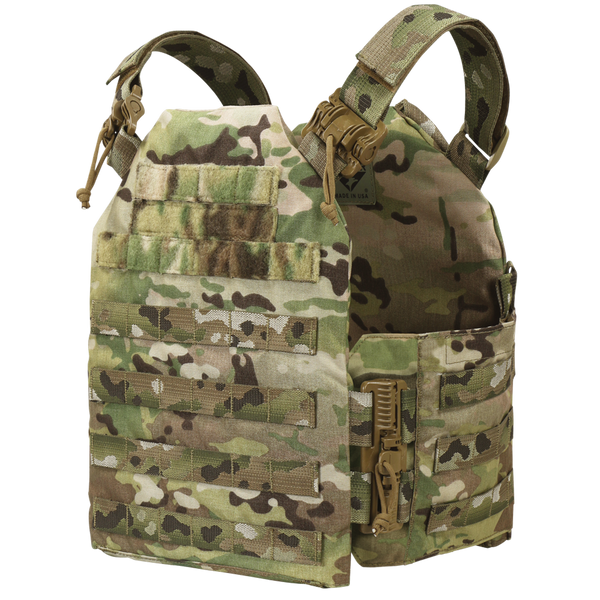 The Condor Cyclone RS Plate Carrier in MultiCam features a camouflage pattern, MOLLE webbing, and quick-release buckles on the shoulders and sides.