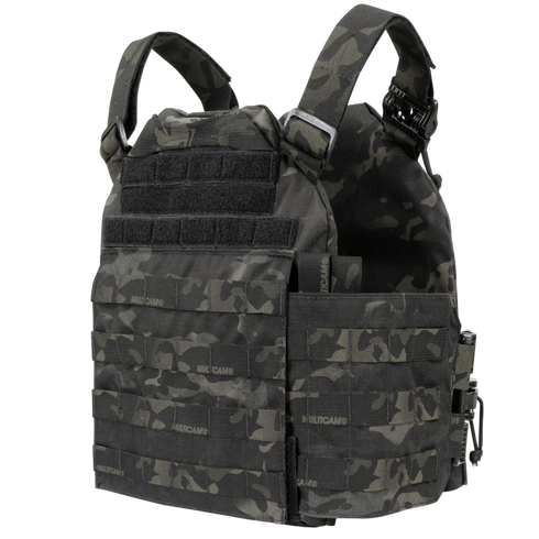 The Condor Cyclone RS Plate Carrier in MultiCam Black features multiple MOLLE webbing strips and adjustable shoulder straps, shown on a plain white background.