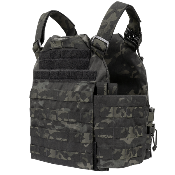 The Condor Cyclone RS Plate Carrier in MultiCam Black features multiple MOLLE webbing strips and adjustable shoulder straps, shown on a plain white background.