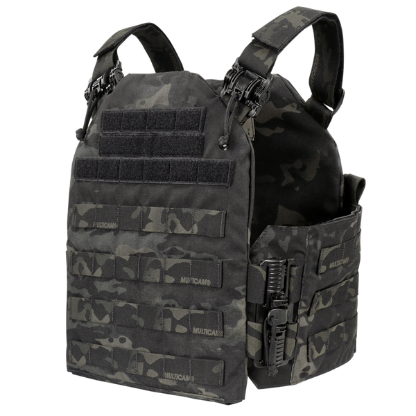 The Condor Cyclone RS Plate Carrier in MultiCam Black features MOLLE webbing, adjustable shoulder straps, hook-and-loop panels, and clip closures.