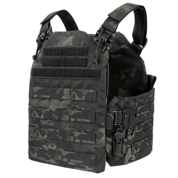 The Condor Cyclone RS Plate Carrier in MultiCam Black features MOLLE webbing, adjustable shoulder straps, hook-and-loop panels, and clip closures.