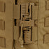 Close-up of the Condor Cyclone RS Plate Carrier in MultiCam, featuring a brown plastic quick-release buckle fastened to tan webbing loops and a knotted cord.