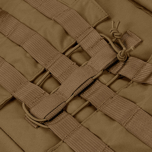 Close-up of brown nylon MOLLE webbing straps and loops on the Condor Cyclone RS Plate Carrier, designed for military and law enforcement professionals.