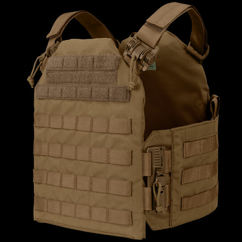 The Condor Cyclone RS Plate Carrier is a tan vest featuring MOLLE webbing, adjustable shoulder straps, Velcro patch area, and quick-release buckles—perfect for military use or EDC at the range. Shown against a plain background.