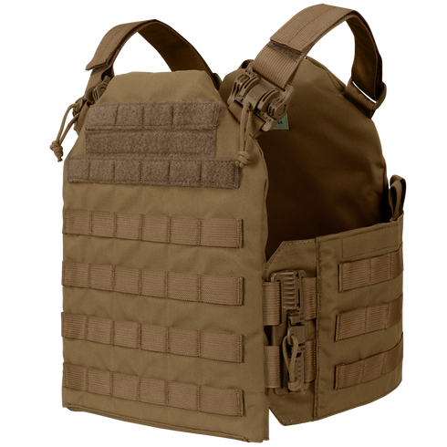 The Condor Cyclone RS Plate Carrier is a tan vest featuring MOLLE webbing, adjustable shoulder straps, Velcro patch area, and quick-release buckles—perfect for military use or EDC at the range. Shown against a plain background.