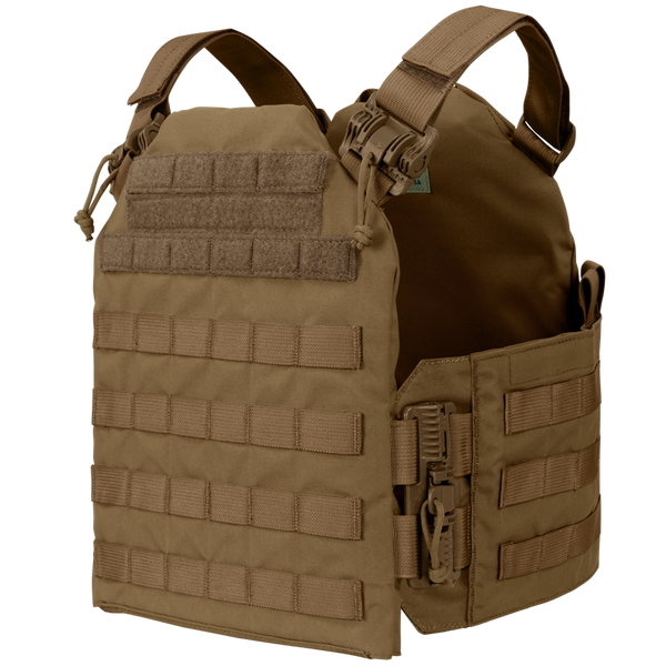 The Condor Cyclone RS Plate Carrier is a tan vest featuring MOLLE webbing, adjustable shoulder straps, Velcro patch area, and quick-release bucklesāperfect for military use or EDC at the range. Shown against a plain background.