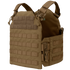 The Condor Cyclone RS Plate Carrier is a tan vest featuring MOLLE webbing, adjustable shoulder straps, Velcro patch area, and quick-release buckles—perfect for military use or EDC at the range. Shown against a plain background.