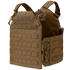 The Condor Cyclone RS Plate Carrier is a tan vest featuring MOLLE webbing, adjustable shoulder straps, Velcro patch area, and quick-release buckles—perfect for military use or EDC at the range. Shown against a plain background.