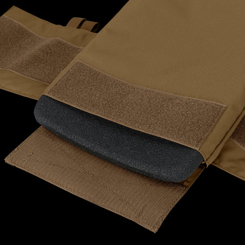 Close-up of the Condor Cyclone RS Plate Carrier in brown fabric, featuring Velcro fasteners and a black protective foam insert—perfect for EDC or shooting range use.