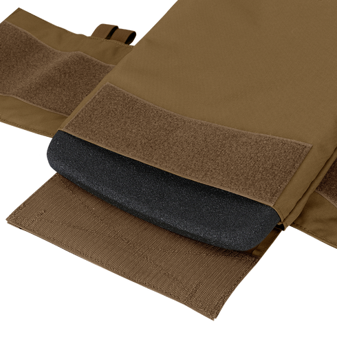 Close-up of the Condor Cyclone RS Plate Carrier in brown fabric, featuring Velcro fasteners and a black protective foam insert—perfect for EDC or shooting range use.