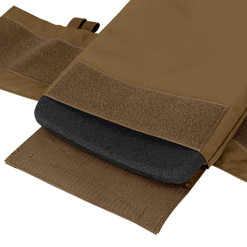 Close-up of the Condor Cyclone RS Plate Carrier in brown fabric, featuring Velcro fasteners and a black protective foam insert—perfect for EDC or shooting range use.