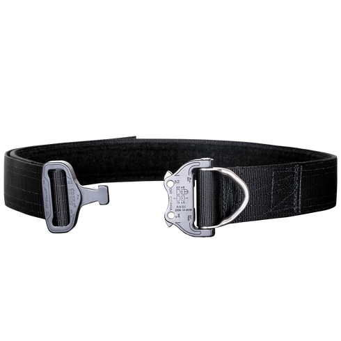 The Condor Cobra Pro Belt is a black tactical belt featuring a metal quick-release buckle and a front D-ring attachment.