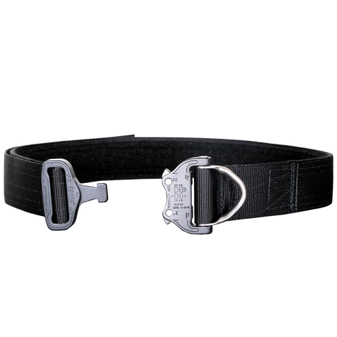 The Condor Cobra Pro Belt is a black tactical belt featuring a metal quick-release buckle and a front D-ring attachment.