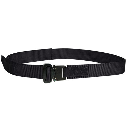 The Condor Hybrid EDC Belt is a black nylon tactical belt with a metal buckle, displayed in a circular shape—perfect for law enforcement and military professionals.