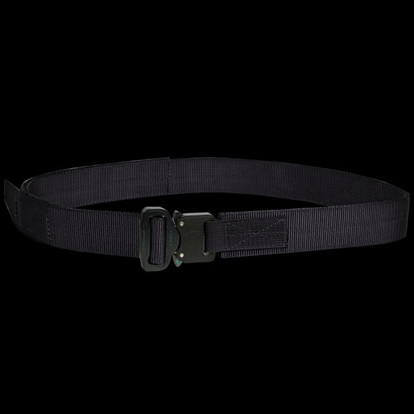The Condor Hybrid EDC Belt is a black nylon tactical belt with a metal buckle, displayed in a circular shapeāperfect for law enforcement and military professionals.