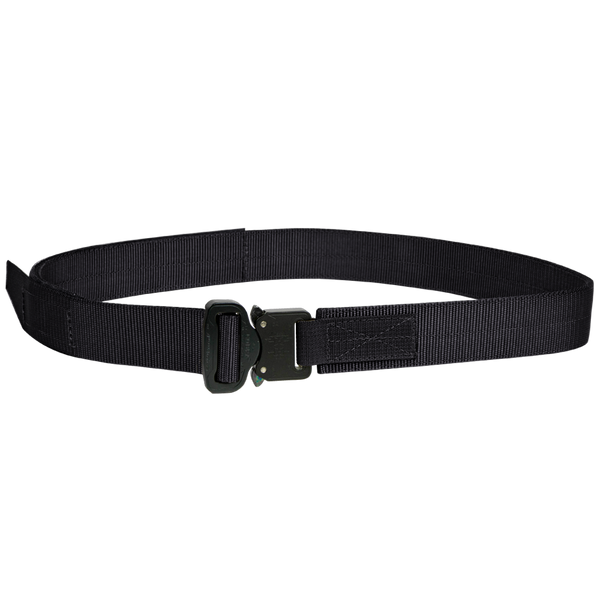 The Condor Hybrid EDC Belt is a black nylon tactical belt with a metal buckle, displayed in a circular shape—perfect for law enforcement and military professionals.