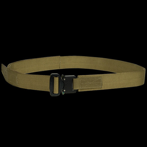 The Condor Hybrid EDC Belt is a tan tactical nylon belt with a black metal buckle, designed for law enforcement and first responders, shown against a white background.