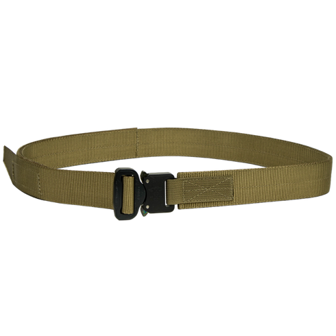 The Condor Hybrid EDC Belt is a tan tactical nylon belt with a black metal buckle, designed for law enforcement and first responders, shown against a white background.