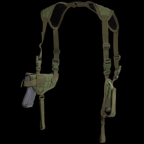 The Condor Universal Shoulder Holster features adjustable straps, a holster for a handgun on one side, and a pouch on the other.