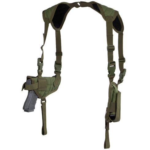 The Condor Universal Shoulder Holster features adjustable straps, a holster for a handgun on one side, and a pouch on the other.