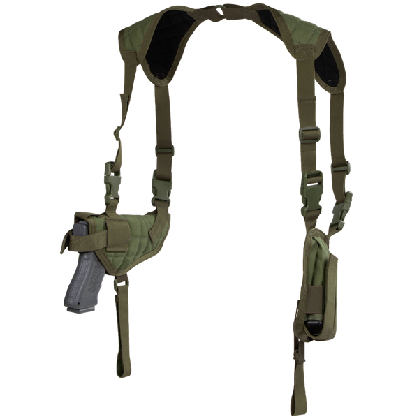 The Condor Universal Shoulder Holster features adjustable straps, a holster for a handgun on one side, and a pouch on the other.