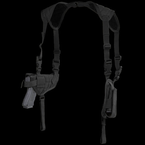 The Condor Universal Shoulder Holster features adjustable straps, a pistol holster, and an extra pouch on the opposite side, designed for concealed carry.