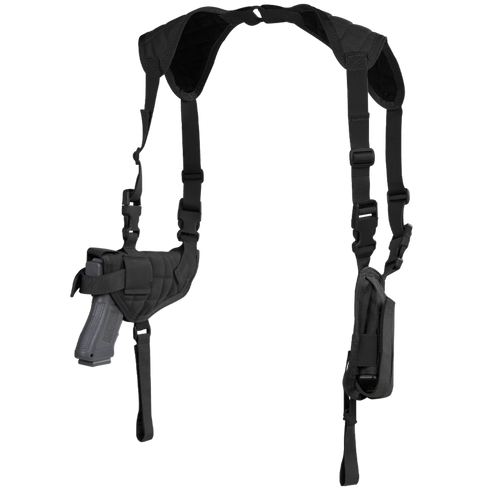 The Condor Universal Shoulder Holster features adjustable straps, a pistol holster, and an extra pouch on the opposite side, designed for concealed carry.