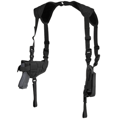 The Condor Universal Shoulder Holster features adjustable straps, a pistol holster, and an extra pouch on the opposite side, designed for concealed carry.