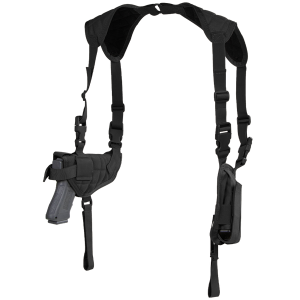 The Condor Universal Shoulder Holster features adjustable straps, a pistol holster, and an extra pouch on the opposite side, designed for concealed carry.