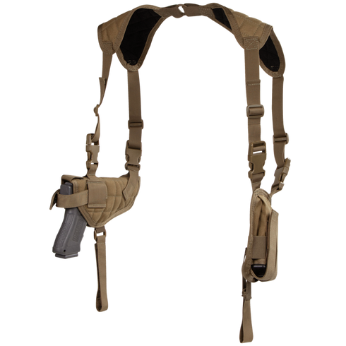 The Condor Universal Shoulder Holster in tan features an attached pistol holster and magazine pouch, displayed against a plain background.