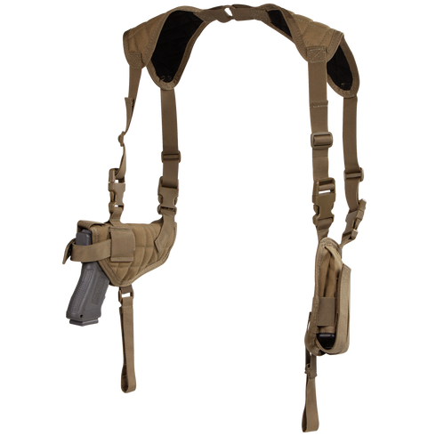 The Condor Universal Shoulder Holster in tan features an attached pistol holster and magazine pouch, displayed against a plain background.